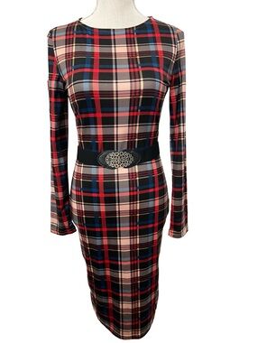 Plaid Long-Sleeve Sheath Dress in Red, Blue & Cream